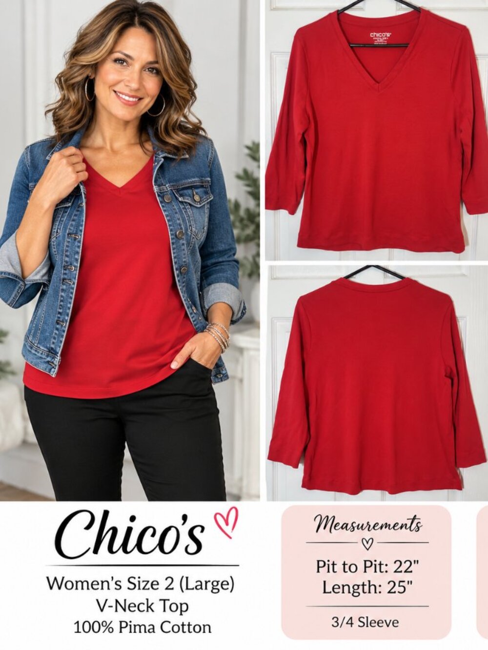 Chico's Women's Size 2 Large Red V-Neck 3/4 Sleeve Cotton Top Layering Tee